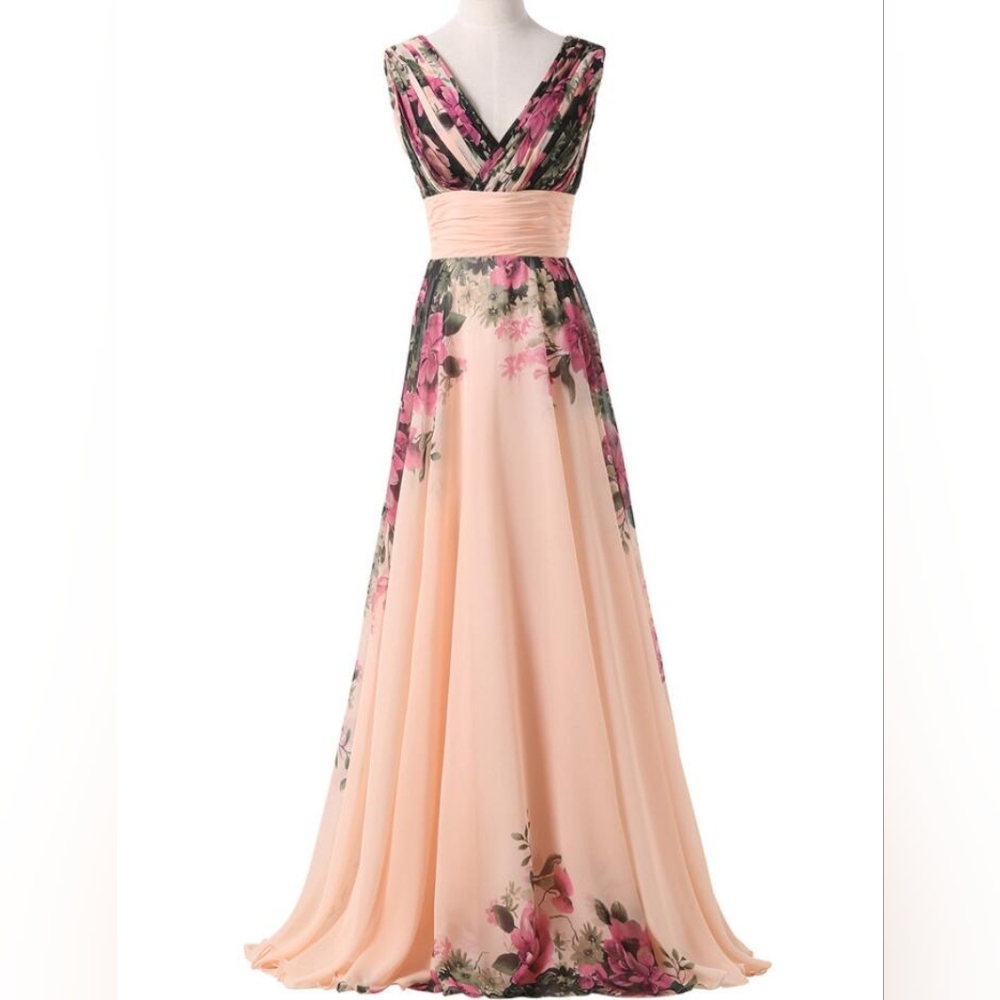 Gorgeous Long Floral Peach Sleeveless Womens Dress